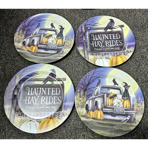 HALLOWEEN Dinner Plates Melamine Ware 11" HAUNTED HAY RIDES & White Truck 4 Pcs